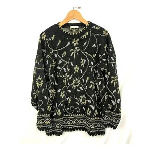VTG Metallic Floral Long Sleeve Knit Sweater Top SMALL Black Dana Scott 90's